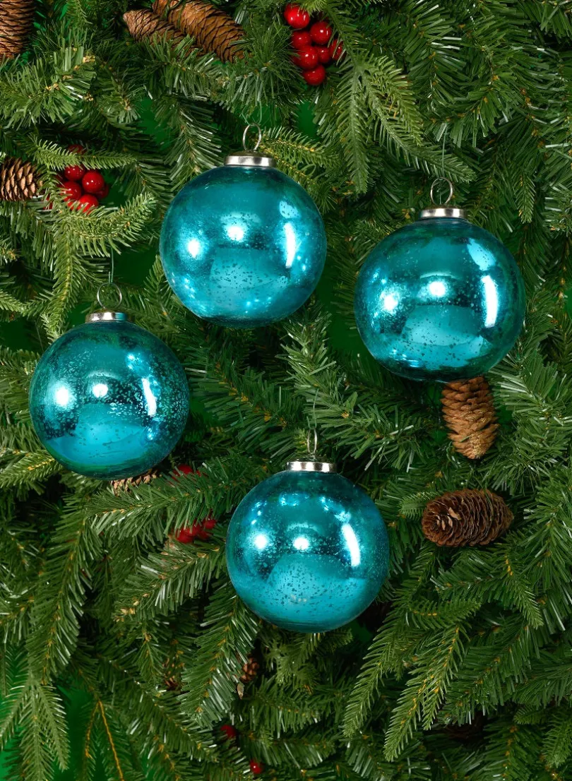 4in Round Antique Aqua Glass Ball Ornaments, Set of 4