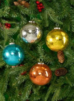 4in Round Antique Aqua Glass Ball Ornaments, Set of 4