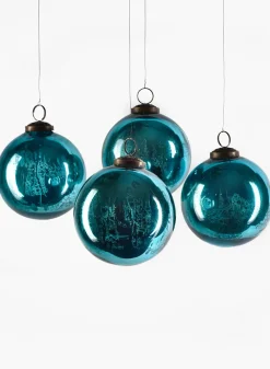 4in Round Antique Aqua Glass Ball Ornaments, Set of 4