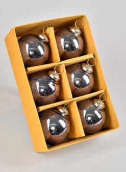 3in Round Antique Platinum Glass Ball Ornament in Window Box, Set of 6
