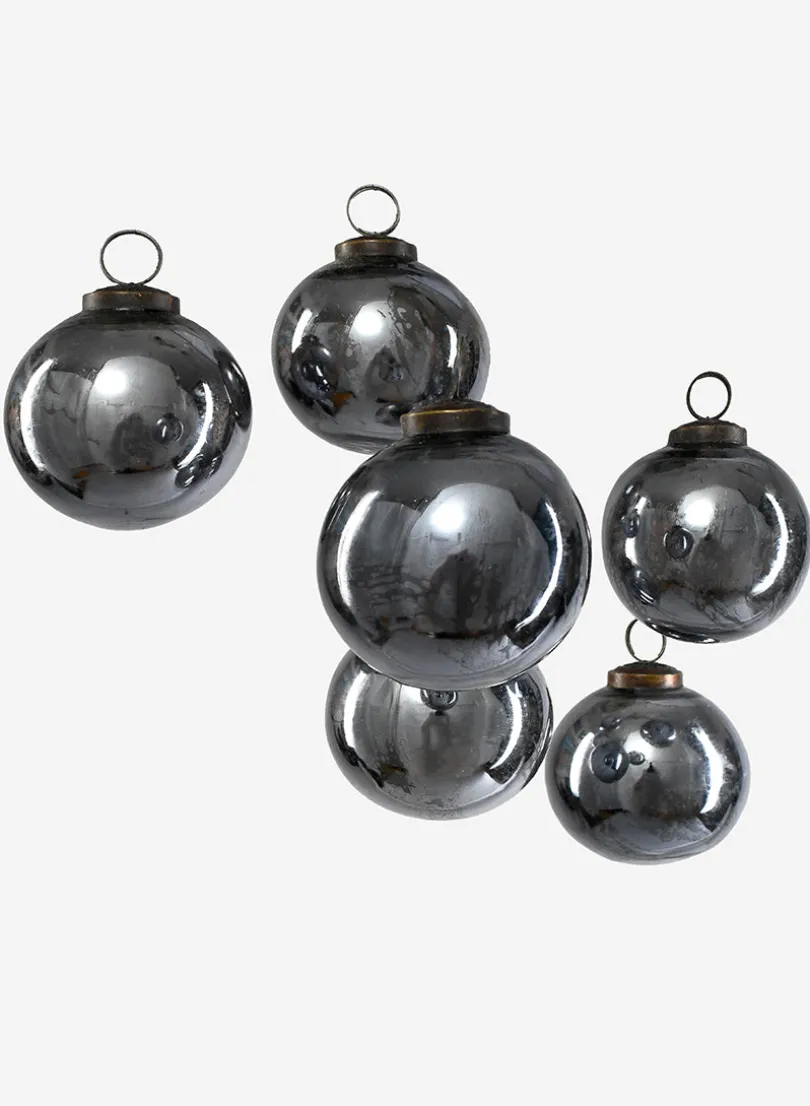 3in Round Antique Platinum Glass Ball Ornament in Window Box, Set of 6