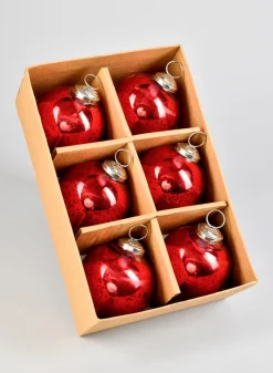 3in Round Antique Red Ball Glass Ornament In Window Box, Set of 6