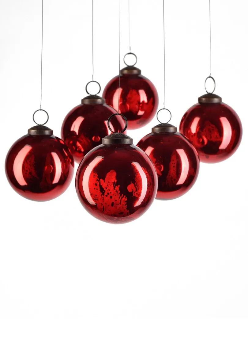 3in Round Antique Red Ball Glass Ornament In Window Box, Set of 6