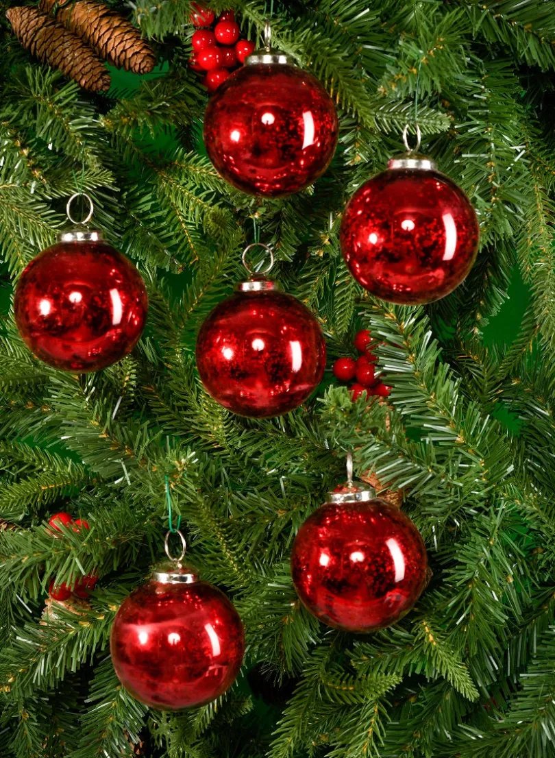 3in Round Antique Red Ball Glass Ornament In Window Box, Set of 6