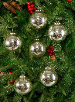 3in Round Antique Silver Ball Glass Ornament In Window Box, Set of 6
