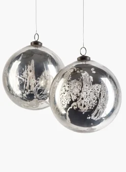 6in Round Antique Silver Glass Ornament Ball, Set of 2