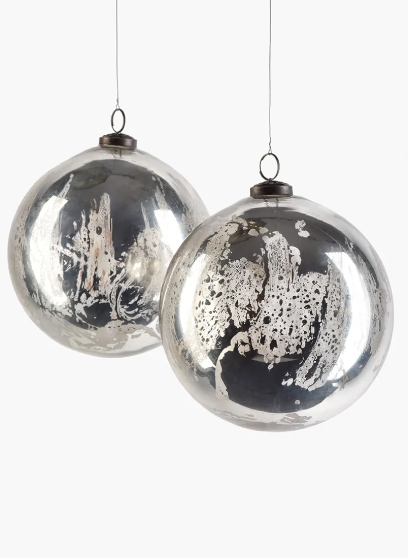 6in Round Antique Silver Glass Ornament Ball, Set of 2