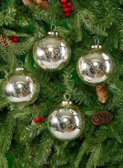 4in Round Antique Silver Glass Ornament Ball In Window Box