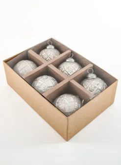3in Round Antique White With Gold Glass Ornaments, Set of 6