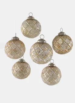 3in Round Antique White With Gold Glass Ornaments, Set of 6
