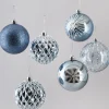 3in Round Blue-Grey Luxe Plastic Ornament Collection, Set of 16