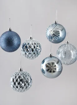 3in Round Blue-Grey Luxe Plastic Ornament Collection, Set of 16