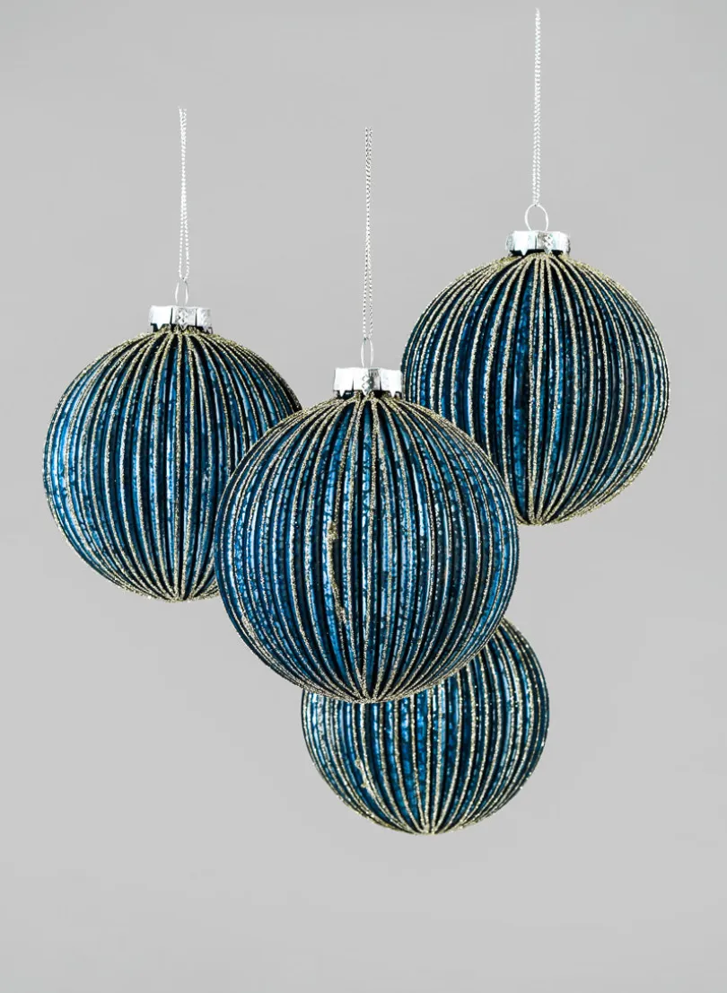 4in Round Blue Pleated Glass Ball With Gold Glitter