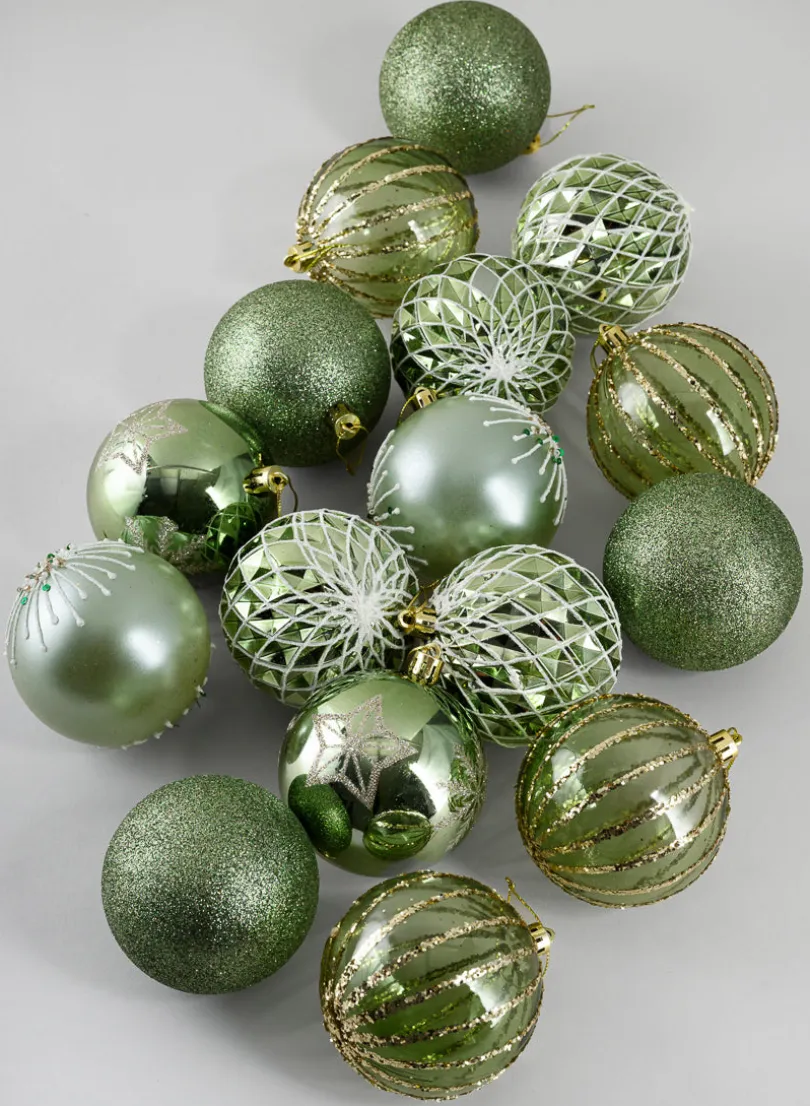 3in Round Celadon Green Luxe Plastic Ornament Collection, Set of 16