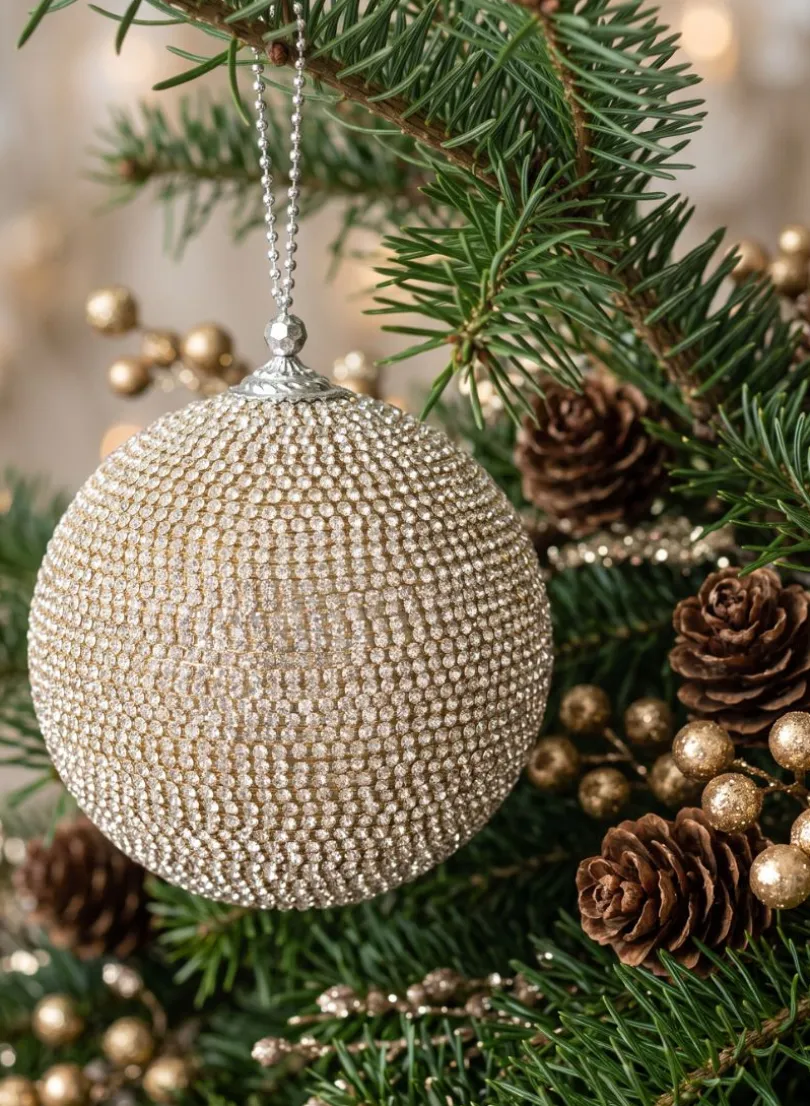 5in Round Champagne Full Rhinestone Beaded Ornament Ball