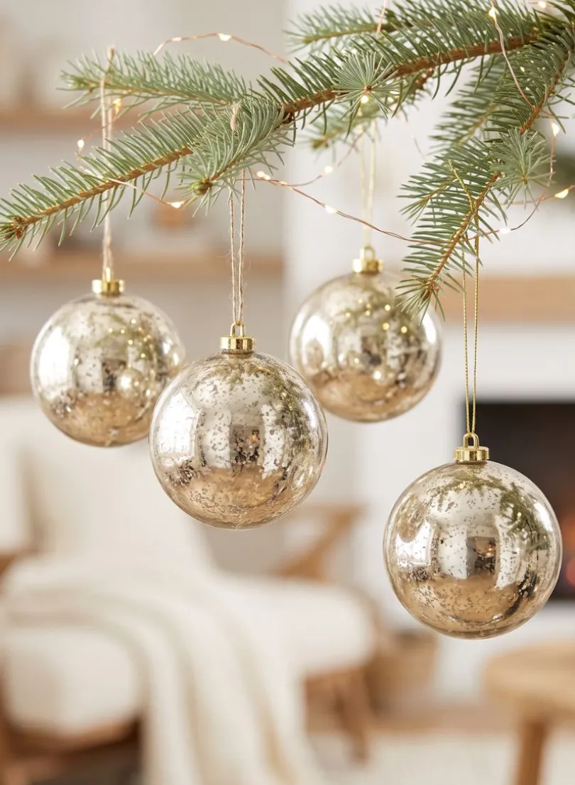 4in Round Champagne Mercury Ornament Ball, Set of 4
