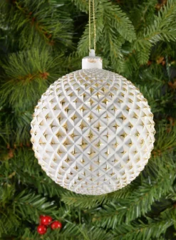 5in Round Etched Gold White Ornament