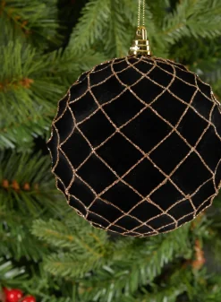 5in Round Flocked Black Plastic Ornament With Gold