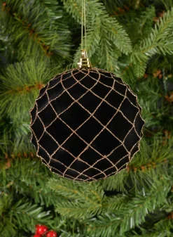 5in Round Flocked Black Plastic Ornament With Gold