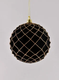 5in Round Flocked Black Plastic Ornament With Gold