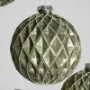 4in Round Gilded Antique Silver Forest Pine Green Glass Ornament, Set of 4
