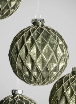 4in Round Gilded Antique Silver Forest Pine Green Glass Ornament, Set of 4