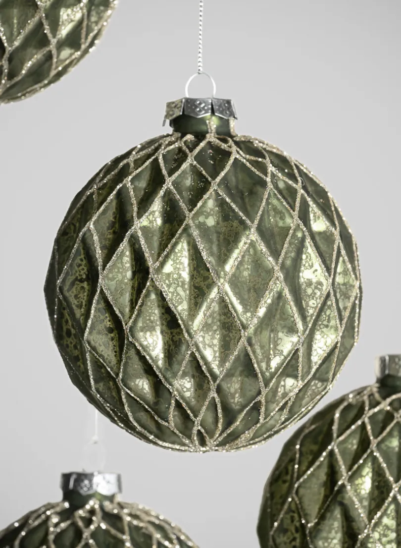 4in Round Gilded Antique Silver Forest Pine Green Glass Ornament, Set of 4