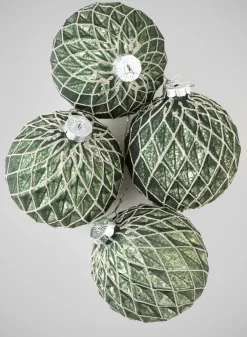 4in Round Gilded Antique Silver Forest Pine Green Glass Ornament, Set of 4