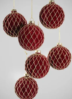 3in Round Gilded Gold Lined Burgundy Velvet Glass Ornament, Set of 6
