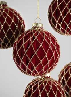 3in Round Gilded Gold Lined Burgundy Velvet Glass Ornament, Set of 6
