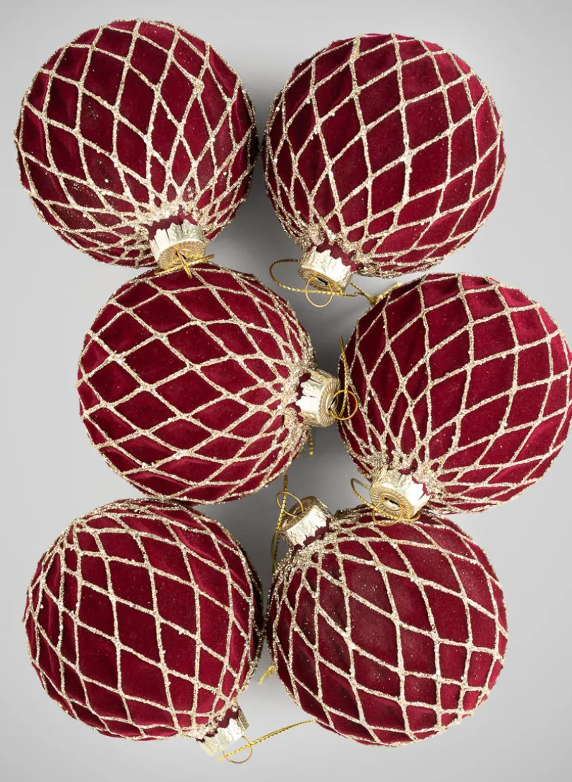 3in Round Gilded Gold Lined Burgundy Velvet Glass Ornament, Set of 6