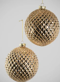 9in Round Gilded Hammered Gold Glass Ornament, Set of 2