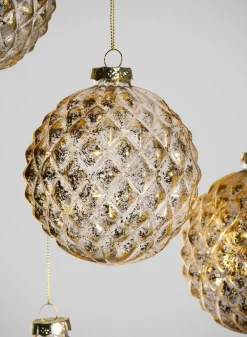 4in Round Gilded Old Gold Glass Ornament, Set of 4