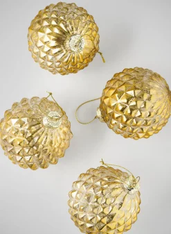 4in Round Gilded Old Gold Glass Ornament, Set of 4