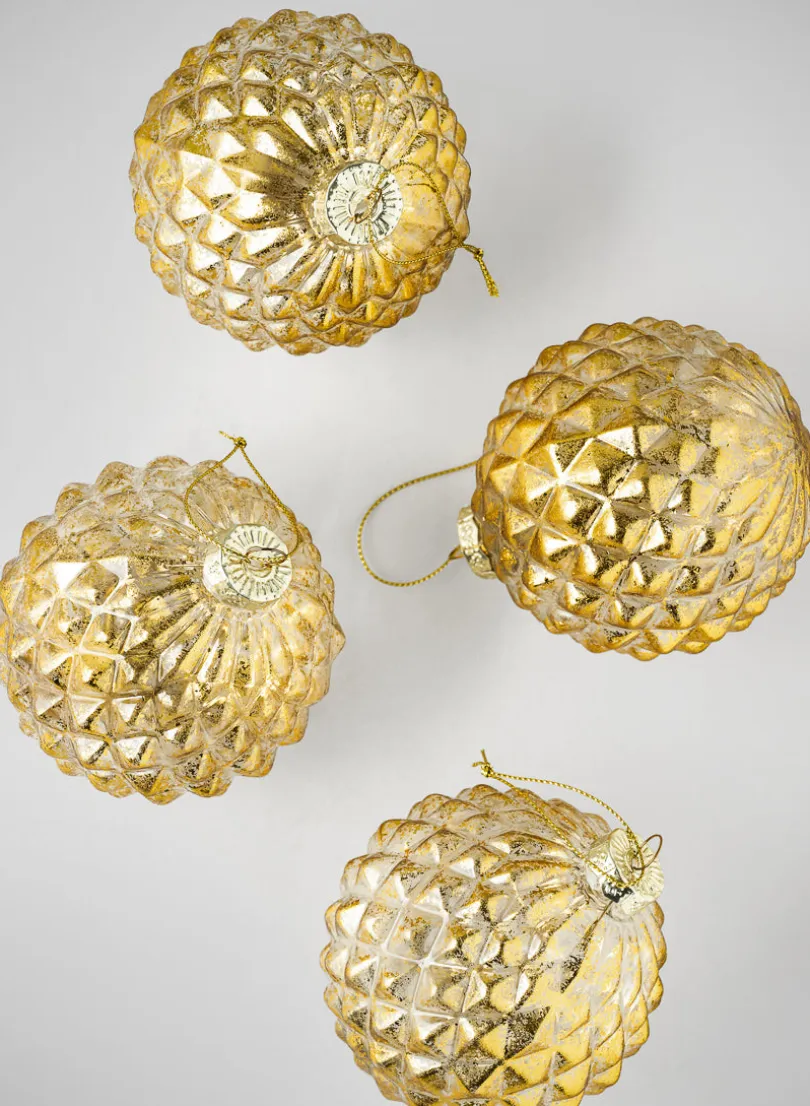 4in Round Gilded Old Gold Glass Ornament, Set of 4