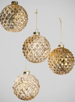 4in Round Gilded Old Gold Glass Ornament, Set of 4