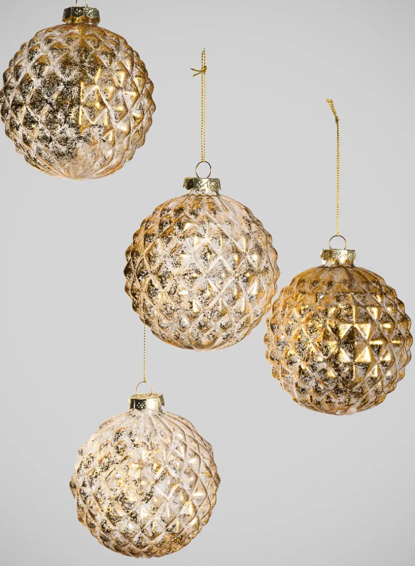 4in Round Gilded Old Gold Glass Ornament, Set of 4