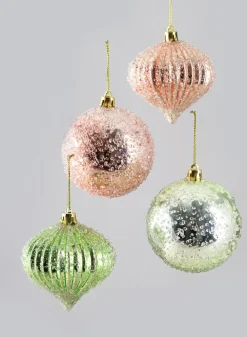 3in Round Gilded Pastel Pink and Green Onion and Ball Plastic Ornament, Set of 12