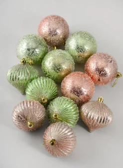 3in Round Gilded Pastel Pink and Green Onion and Ball Plastic Ornament, Set of 12