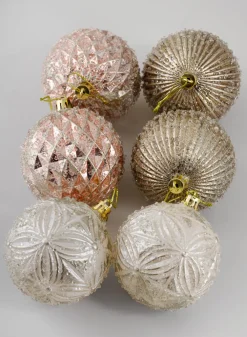3in Round Gilded Pink, Brown, and Pearl Plastic Ornament, Set of 6