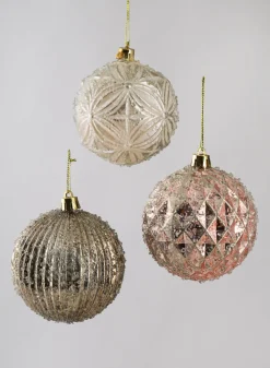 3in Round Gilded Pink, Brown, and Pearl Plastic Ornament, Set of 6