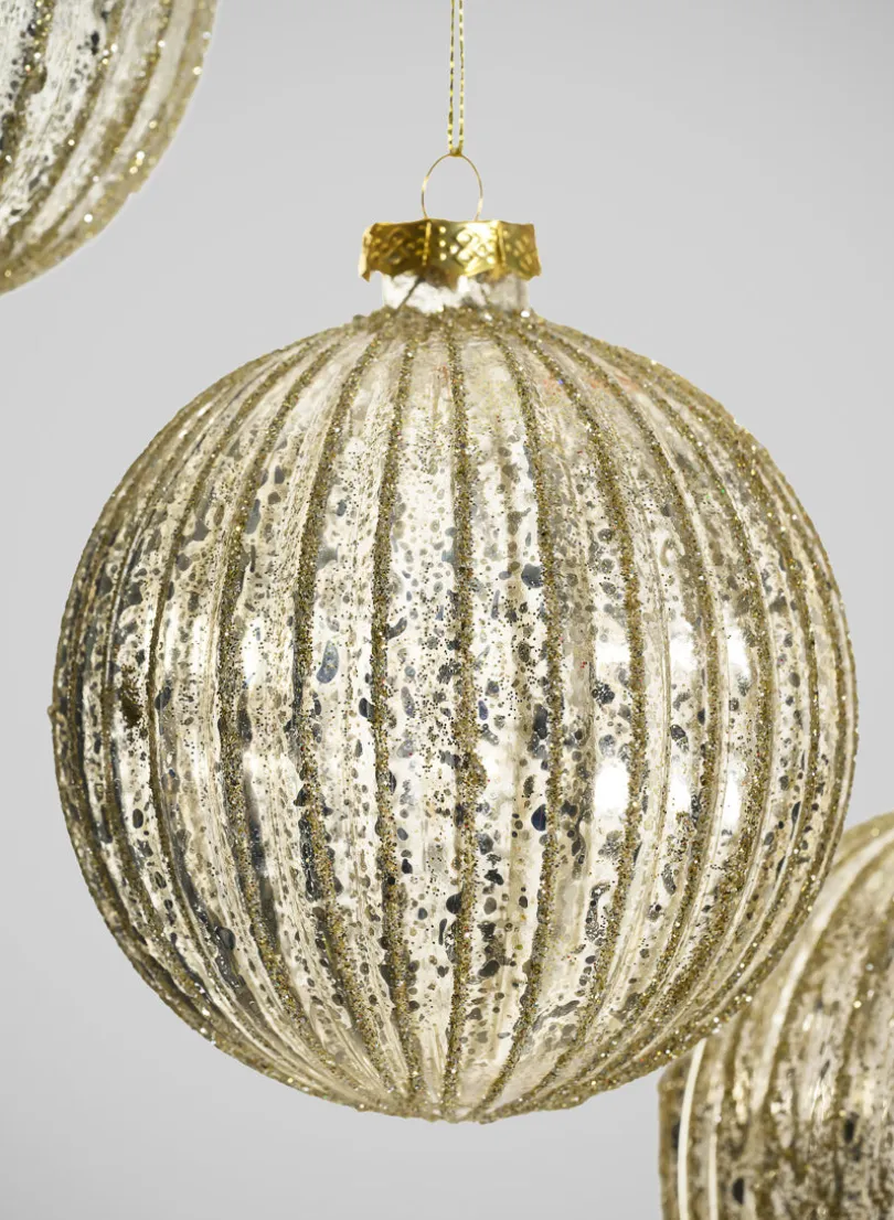 4in Round Gilded Pleated Antique Silver Glass Ornament, Set of 4