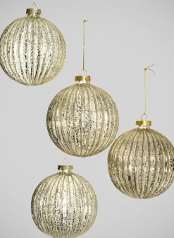 4in Round Gilded Pleated Antique Silver Glass Ornament, Set of 4
