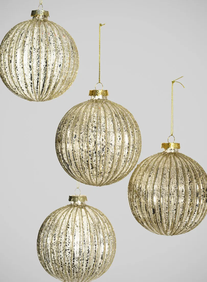 4in Round Gilded Pleated Antique Silver Glass Ornament, Set of 4