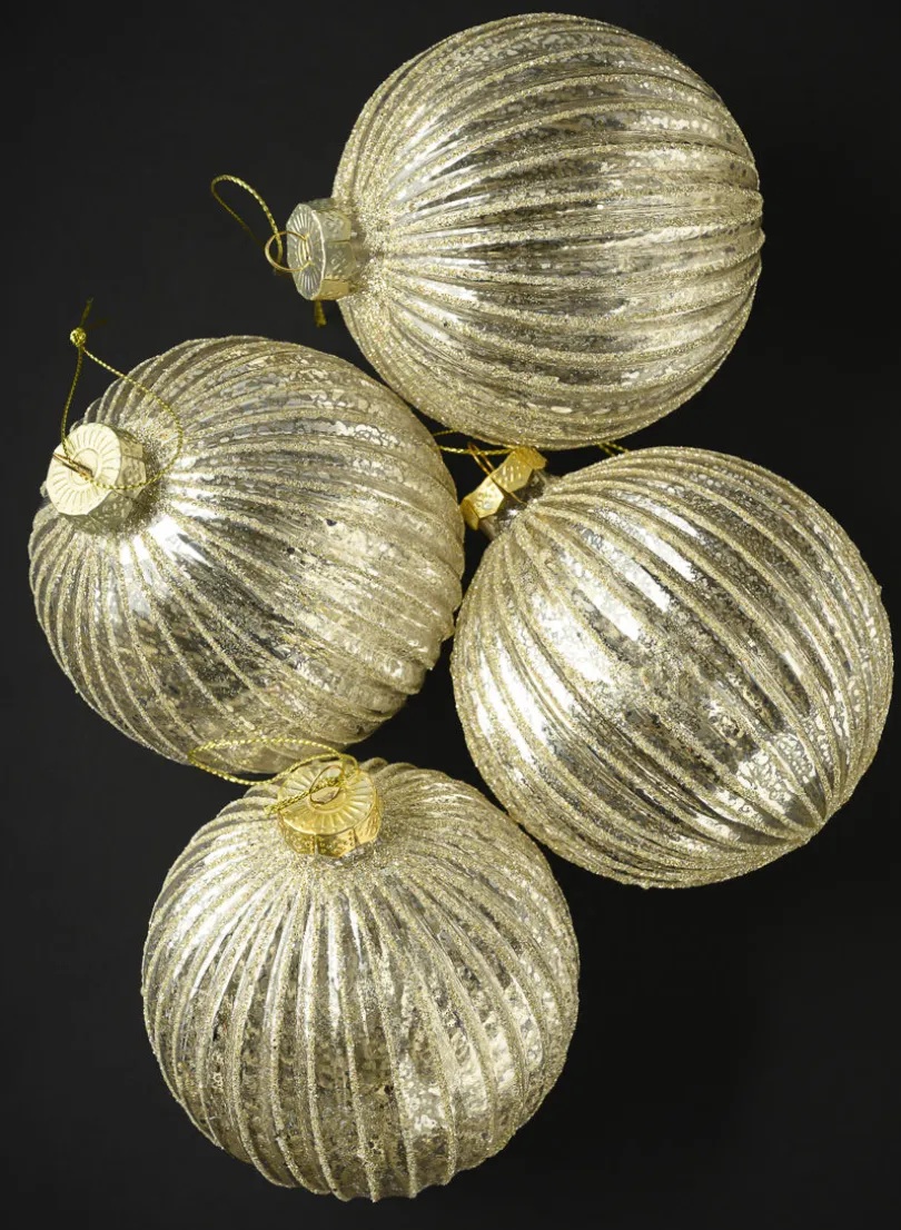 4in Round Gilded Pleated Antique Silver Glass Ornament, Set of 4