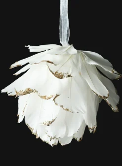 4in Round Glittered Gold Tip Feather Ornament Ball, Case of 12