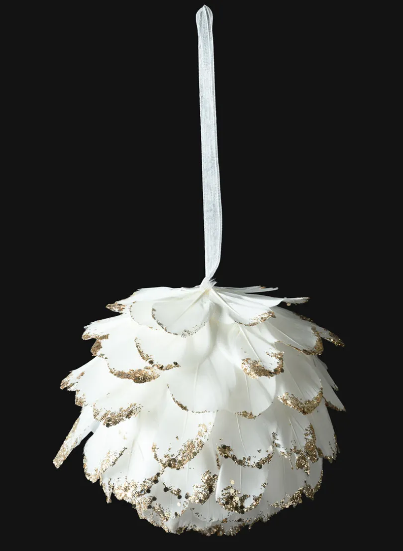 5in Round Glittered Gold Tip Feather Ornament Ball, Case of 6