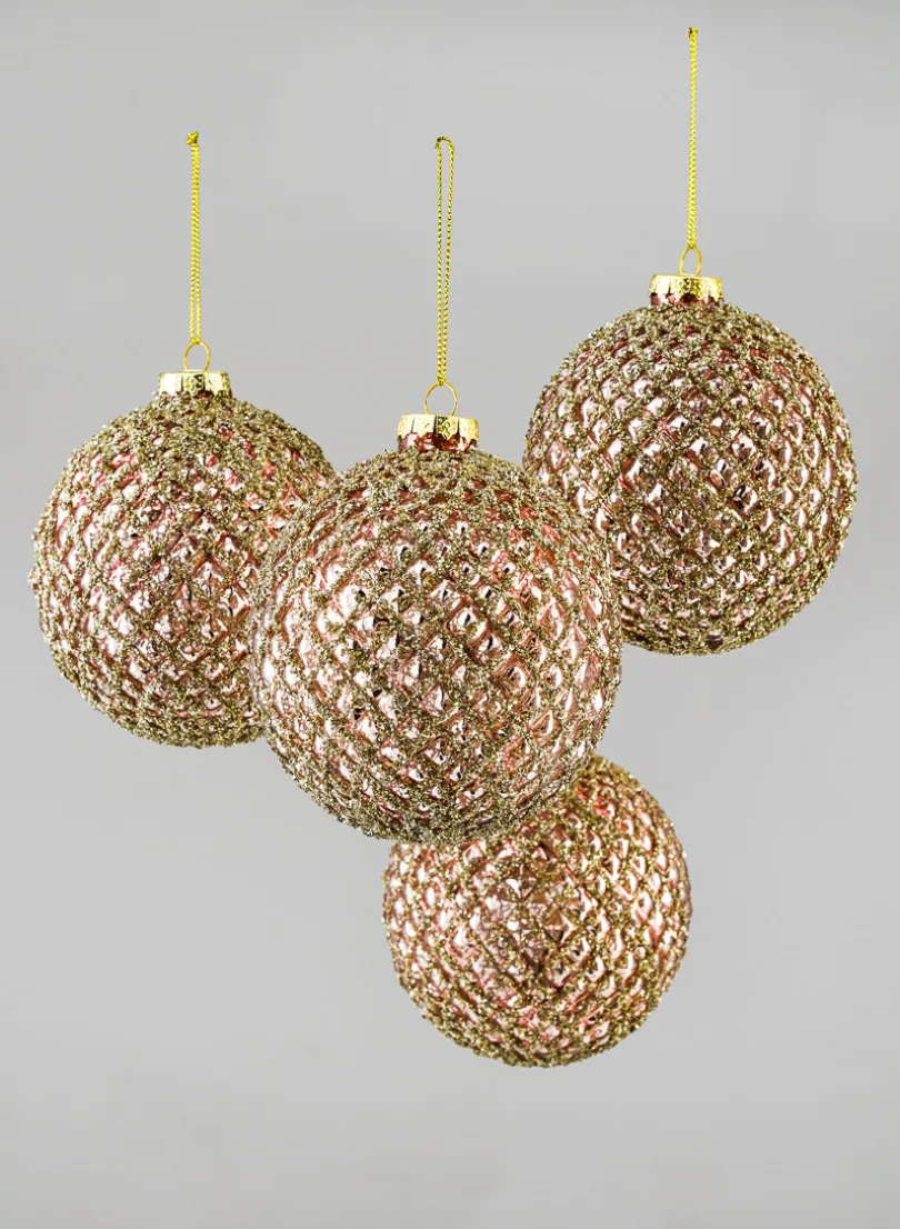4in Round Glittered Rose Gold Hobnail Glass Ornament Ball, Set of 4