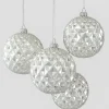 4in Round Glitter Silver Vine Glass Ball Ornament, Set of 4