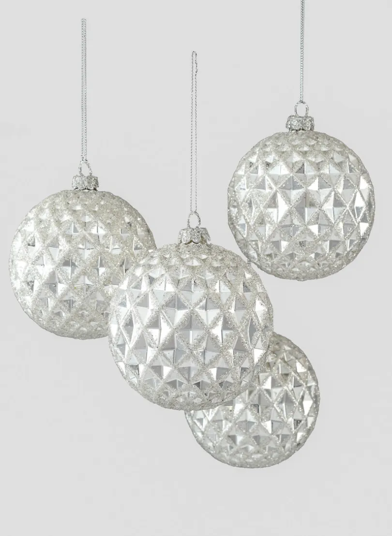 4in Round Glitter Silver Vine Glass Ball Ornament, Set of 4